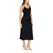 Black v-neck strappy midi dress by Morgan De Toi featuring spaghetti straps and subtle side seam detail