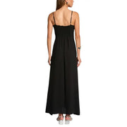 Black v neck strappy maxi dress by Morgan De Toi with smocked bodice and flowing fabric in black color