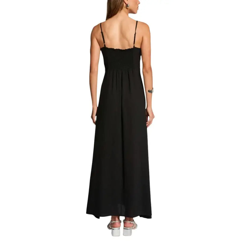 Black v neck strappy maxi dress by Morgan De Toi with smocked bodice and flowing fabric in black color