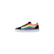 Black Vans Old Skool sneakers with rainbow stripe and paint drip design for women