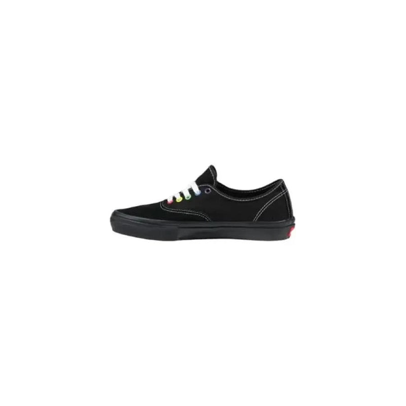 Black Vans Women’s Leather Sneakers featuring vibrant, colorful laces for a stylish look