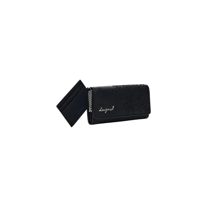 Black leather wallet and card holder with elegant floral design for sophisticated style