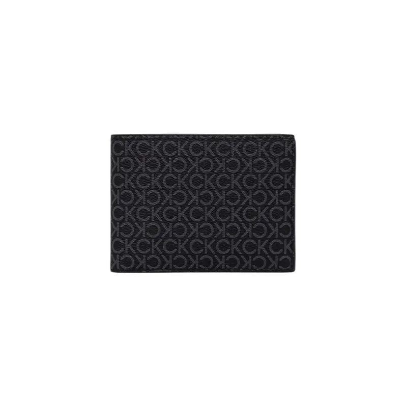 Open black leather wallet featuring a CK pattern, stylish and functional accessory