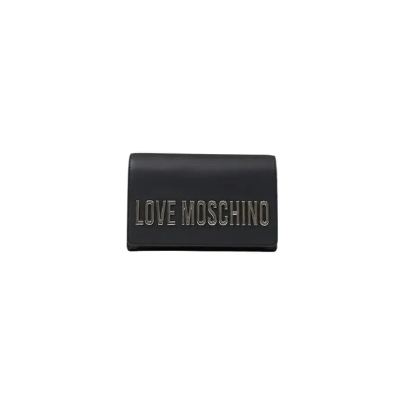 Black Love Moschino clutch wallet with prominent Love Moschino logo text