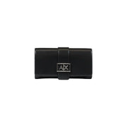 Black leather clutch wallet with a silver logo, part of the Black Leather Clutch Wallet and Crossbody Bag collection
