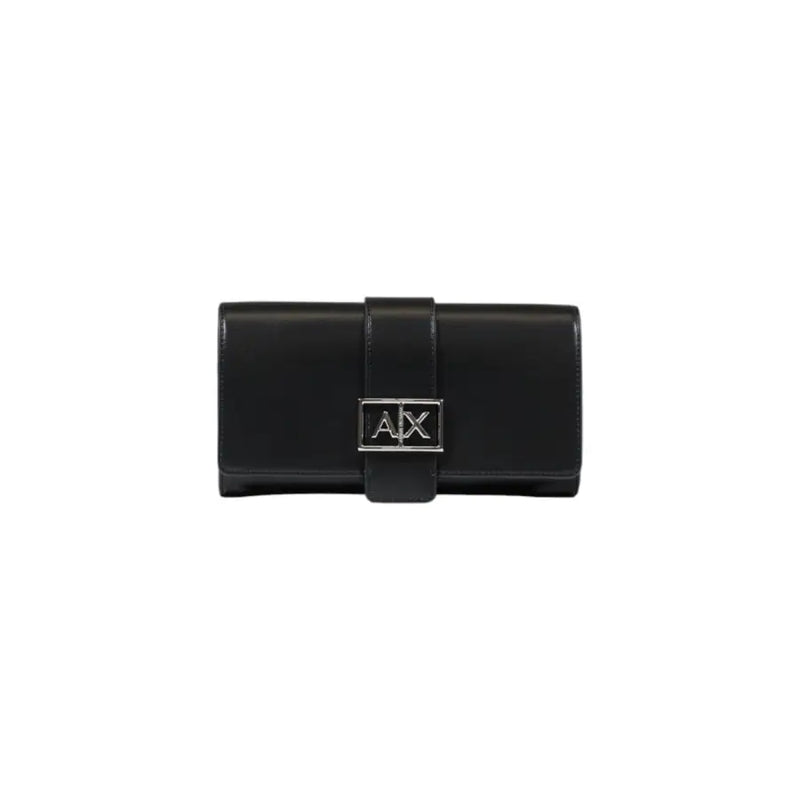 Black leather clutch wallet with a silver logo, part of the Black Leather Clutch Wallet and Crossbody Bag collection