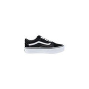 Black and white platform Vans sneaker displayed, showcasing stylish footwear design
