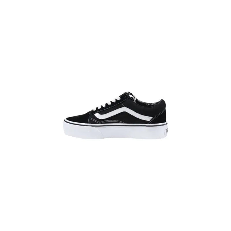 Black and white platform Vans sneaker displayed for stylish footwear fashion