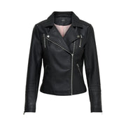 Black faux leather moto jacket with asymmetrical zipper for women displayed with blazer product