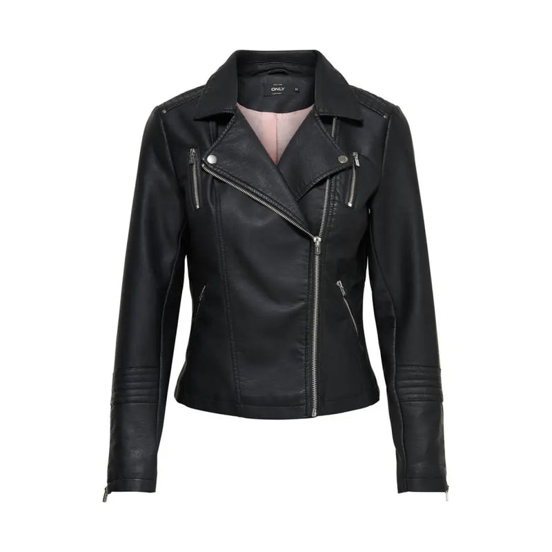 Black faux leather moto jacket with asymmetrical zipper for women displayed with blazer product