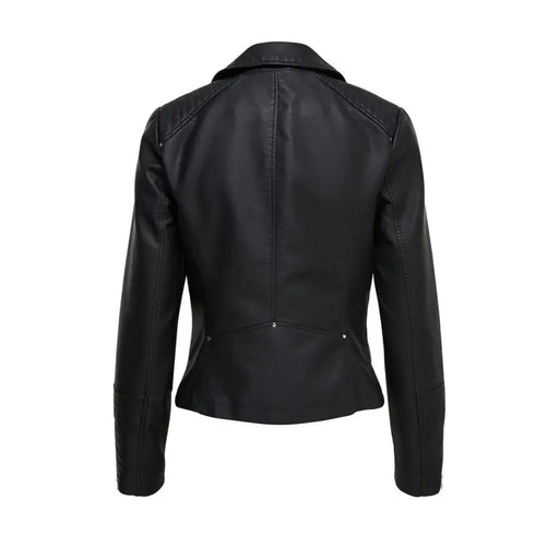 Black faux leather biker jacket with quilted shoulders, featured in Black Women’s Blazer