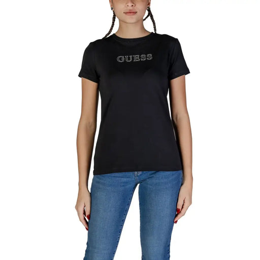 Black women’s Guess Active T-shirt with rhinestone logo on round neck front