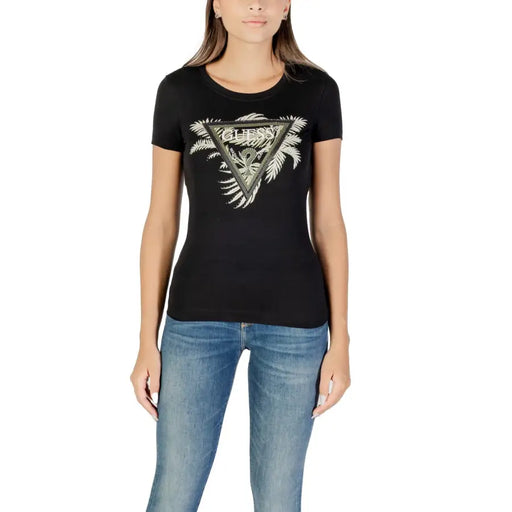 Schwarze Frauen T-shirt mit tropischer Palmengrafik und Dreieck Guess Logo