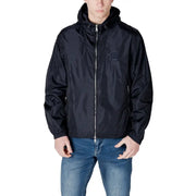 Men’s navy blue hooded windbreaker jacket with full zip closure from Armani Exchange