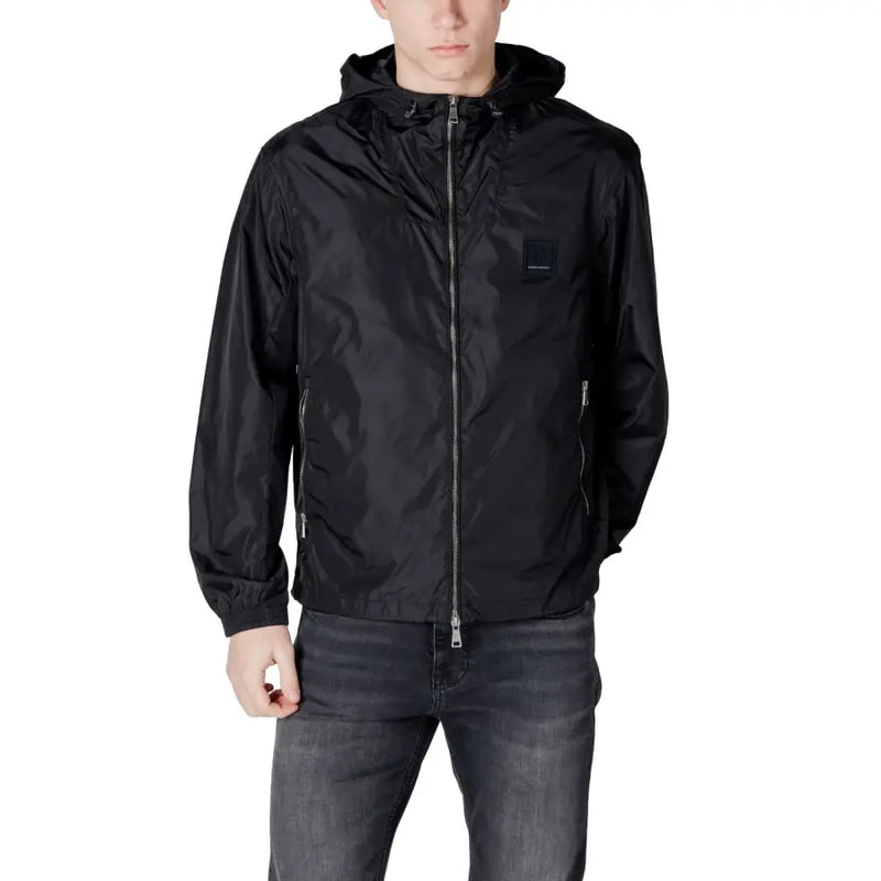 Black zip hooded long blazer by Armani Exchange in black with zipped pockets and a subtle sheen finish