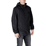 Black zip hooded long blazer by armani exchange with subtle sheen and front and side zippers in black fabric