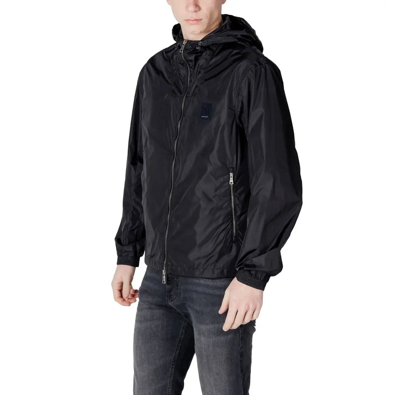 Black zip hooded long blazer by Armani Exchange with a black hooded windbreaker design and lightweight nylon finish
