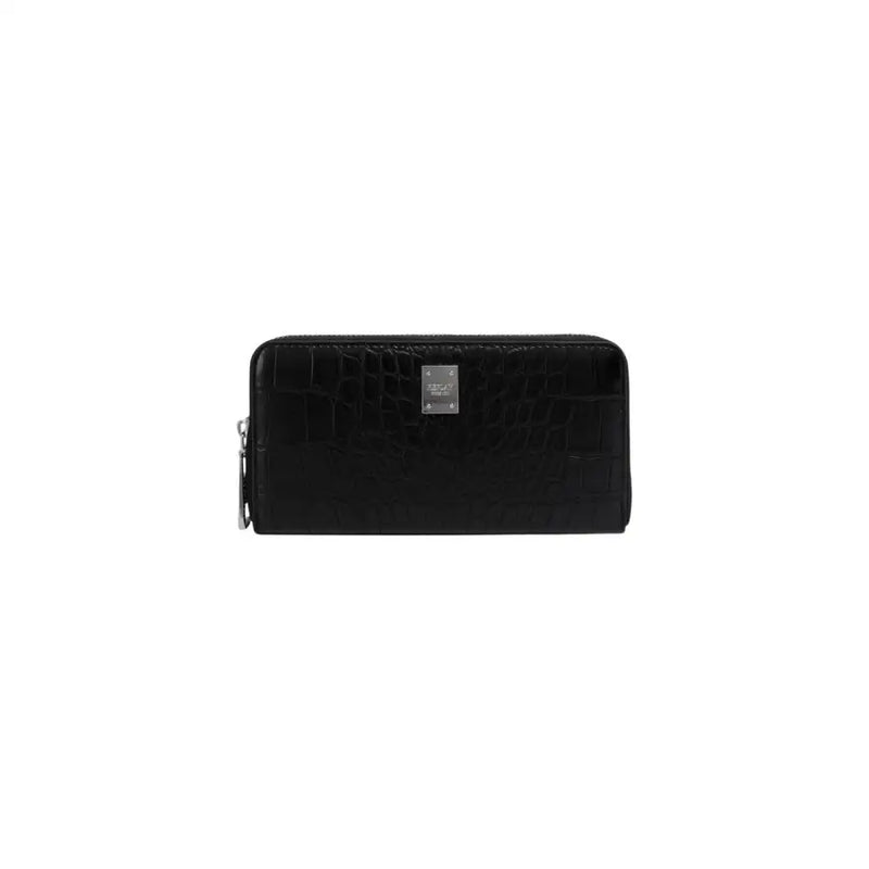 Black crocodile-embossed zip wallet with silver clasp by Replay