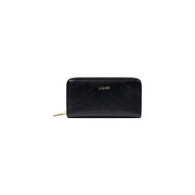 Black zippered wallet with multiple compartments for secure currency and card storage