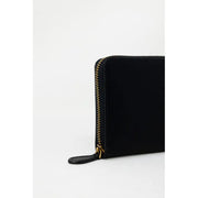 Black zippered wallet made of leather featuring a gold logo for elegant style