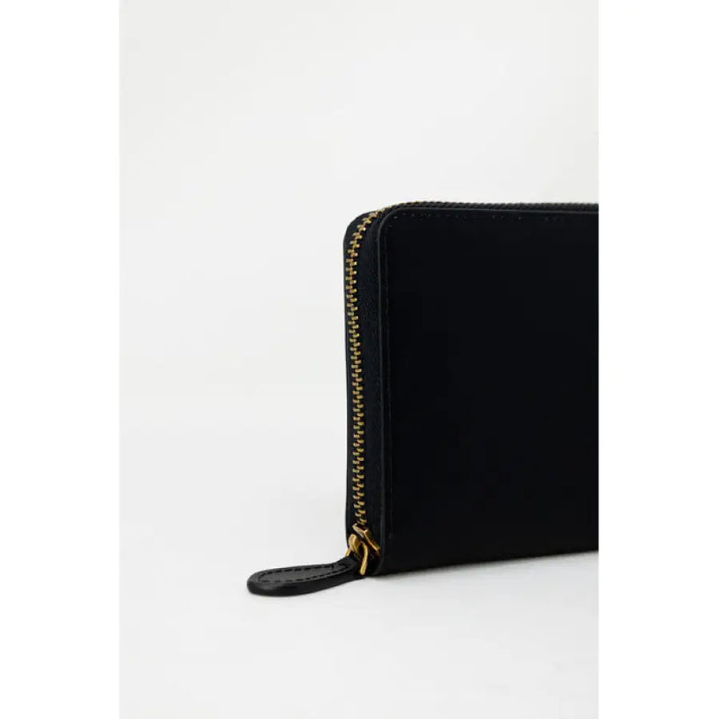 Black zippered wallet made of leather featuring a gold logo for elegant style