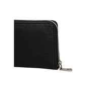Black leather wallet with zipper and embossed logo for secure and stylish storage