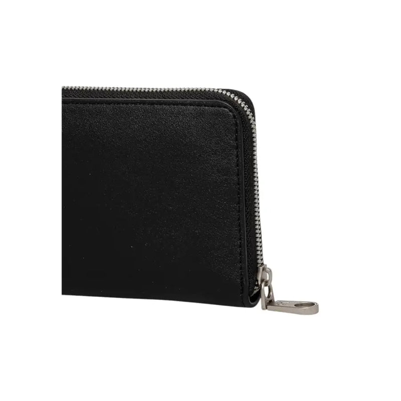 Black leather wallet with zipper and embossed logo for secure and stylish storage
