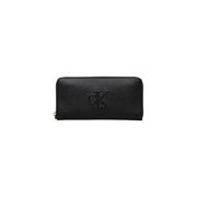 Black leather wallet with zipper and embossed logo, showcasing elegant craftsmanship