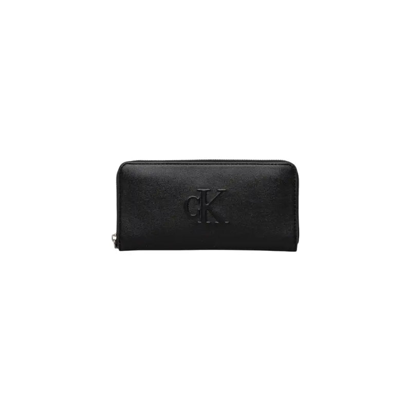 Black leather wallet with zipper and embossed logo, showcasing elegant craftsmanship