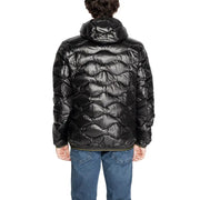 Blauer black hooded puffer jacket in lightweight polyamide with glossy finish and olive green trim along the hem