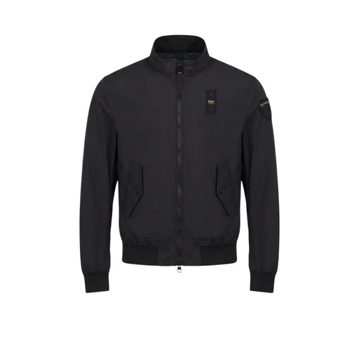 Blauer Schwarzer Herrenblazer aus Polyamid mit Stehkragen, Reißverschluss vorne und zwei schrägen Taschen.