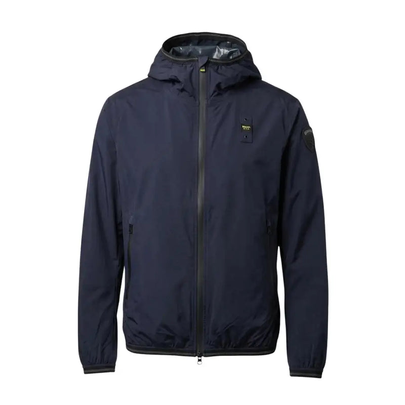 Blauer men blazer dark navy waterproof hooded jacket with black zipper trim and small yellow chest logo