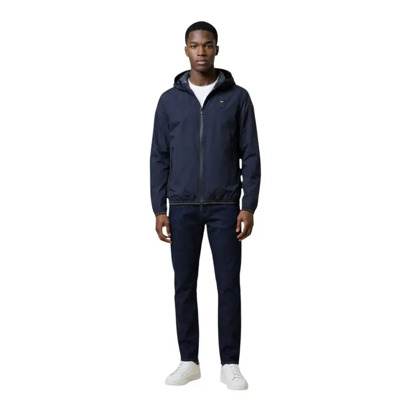 Blauer men blazer navy blue hooded zip-up jacket with subtle green logo on chest for casual wear