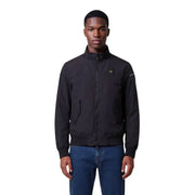 Blauer men blazer black bomber jacket with subtle yellow logo on chest and sleeve, zippered front, and slanted pockets