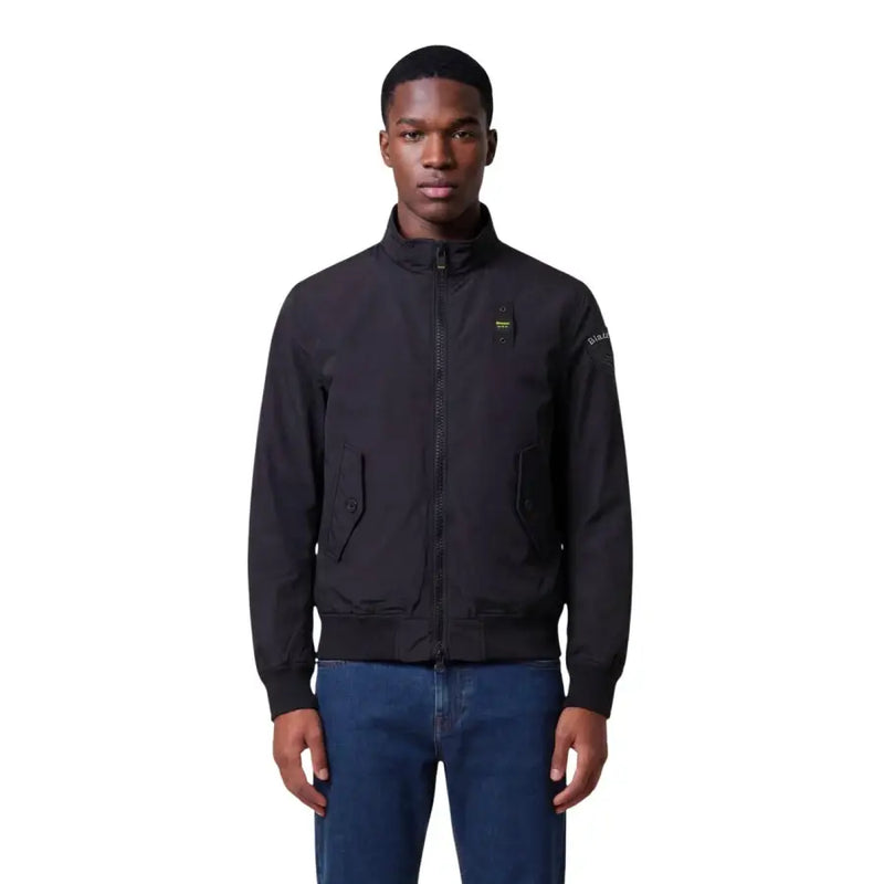 Blauer men blazer black bomber jacket with subtle yellow logo on chest and sleeve, zippered front, and slanted pockets