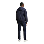 Blauer men blazer navy blue hooded jacket with subtle white trim along collar and hem for casual wear