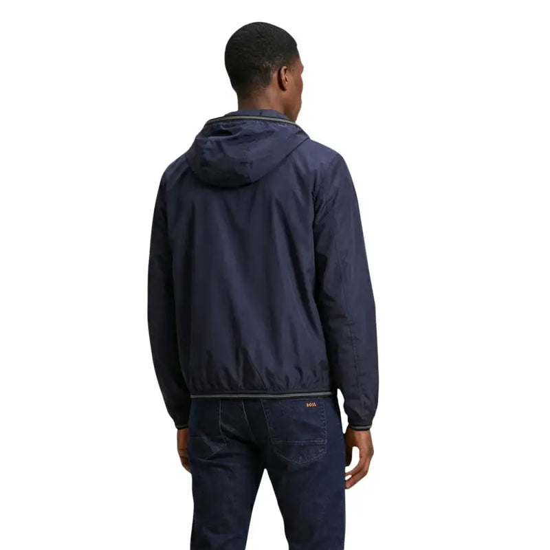 Blauer men blazer navy blue hooded jacket with subtle gray trim along collar and hem for casual wear