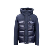 Blauer Herrenblazer mit Kapuze, blau, Nylonmischung, dunkelblaue Steppjacke mit gesteppter Kapuze und Knopfleiste vorne