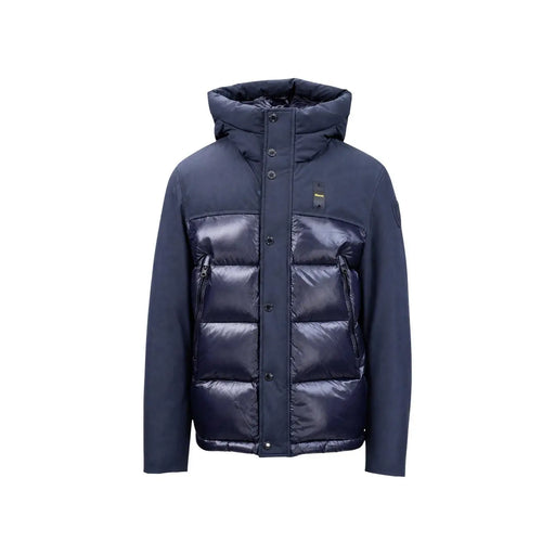Blauer Blazer bleu marine à capuche pour homme, en mélange de nylon, avec capuche matelassée et fermeture boutonnée sur le devant.