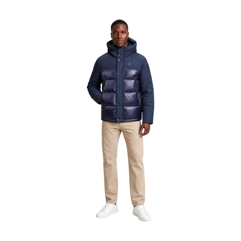Blauer Herrenblazer mit Kapuze, marineblaue Steppjacke aus Nylonmischung mit dezentem Brustlogo