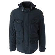 Blauer men blue hooded winter jacket in dark navy cotton blend with buttoned flap pockets and shoulder patch insignia