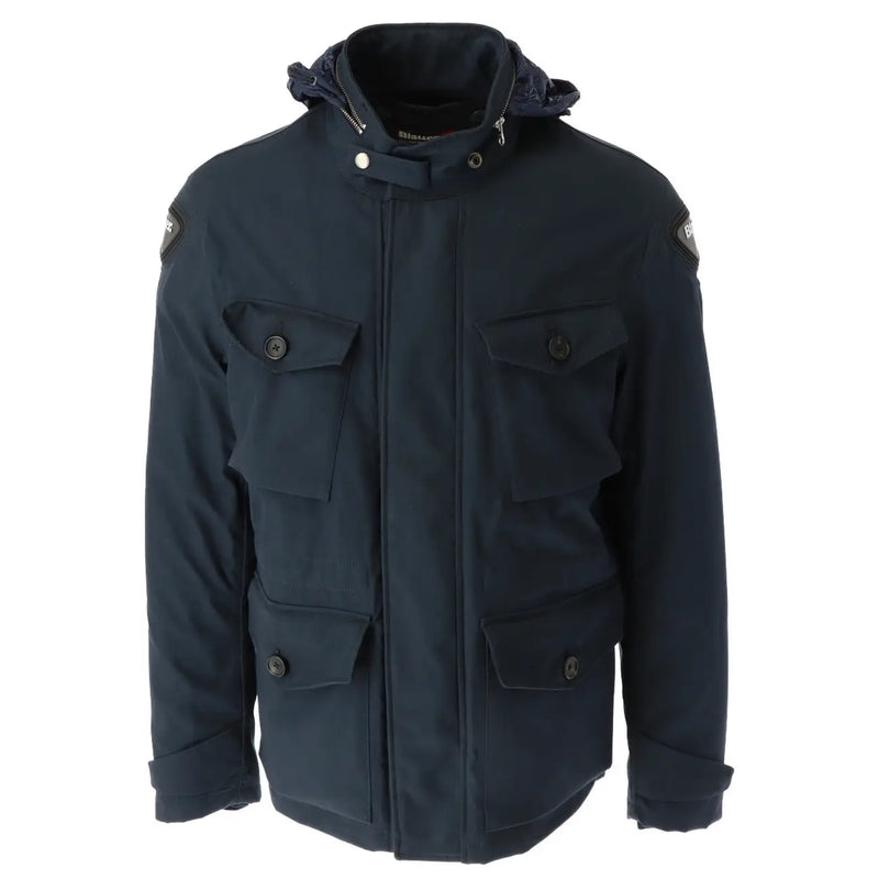 Blauer men blue hooded winter jacket in dark navy cotton blend with buttoned flap pockets and shoulder patch insignia