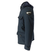 Blauer men blue hooded winter jacket in dark navy cotton blend with quilted lining and buttoned flap pockets