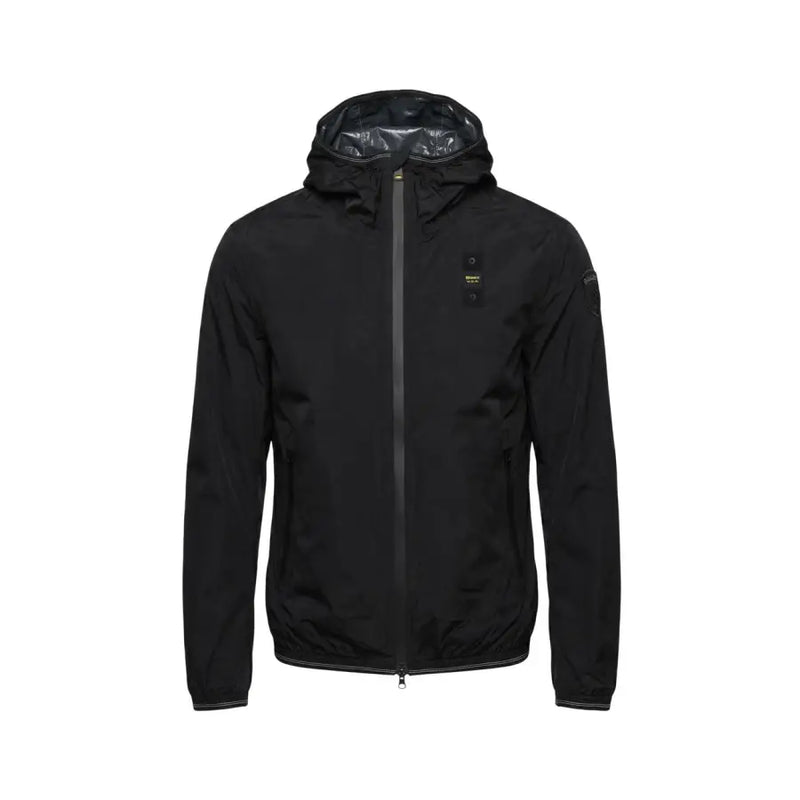 Blauer Herren-Kapuzenblazer, schwarze Polyamidjacke 26sbluc11018 mit elegantem, wasserabweisendem Material und dezentem gelbem Brustlogo