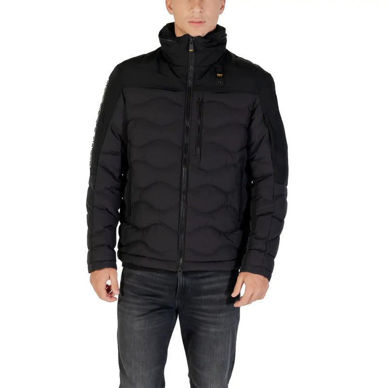 Black quilted puffer jacket with high collar and wave-pattern stitching by Blauer men hooded jacket fall winter