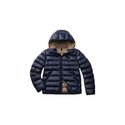 Marineblaue Steppjacke mit beigefarbenem Fleecefutter und Kapuze aus der blauen Herren-Kollektion „Hoodied Nylon Blazer Blue“.