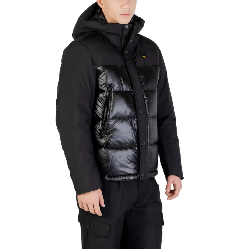 Blauer men jacket hooded black long polyamide polyester with glossy quilted front panel and matte fabric sleeves