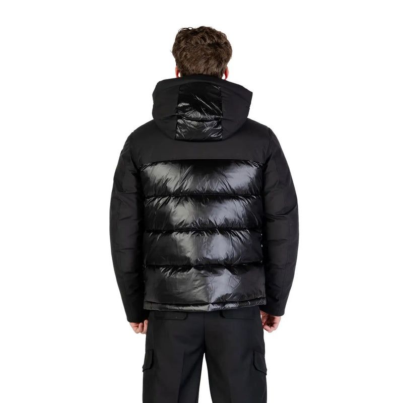 Blauer men jacket hooded black long polyamide polyester with a glossy quilted finish and a hood visible from the back