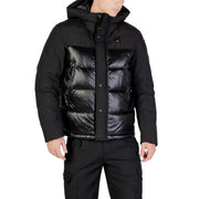 Blauer men jacket hooded black long polyamide polyester with glossy quilted front panel and hood