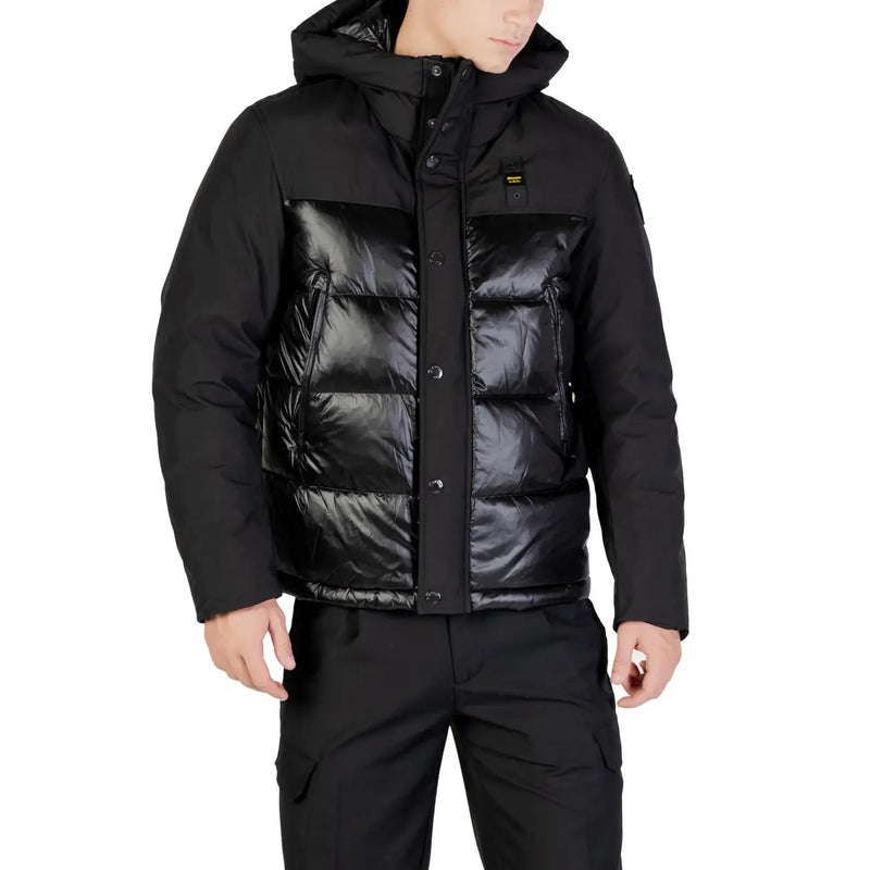 Blauer men jacket hooded black long polyamide polyester with glossy quilted front panel and hood